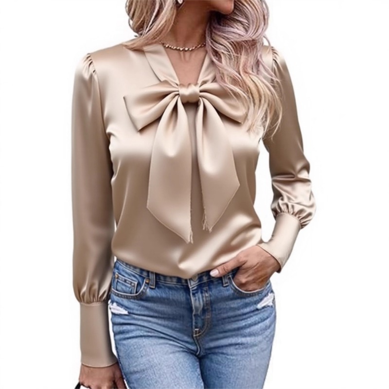 Satin Bow Tie - Camicia da donna in raso tinta