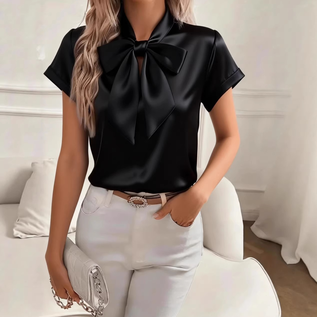 Camicia da donna in raso con f - Satin Bow Tie recensione e prezzo
